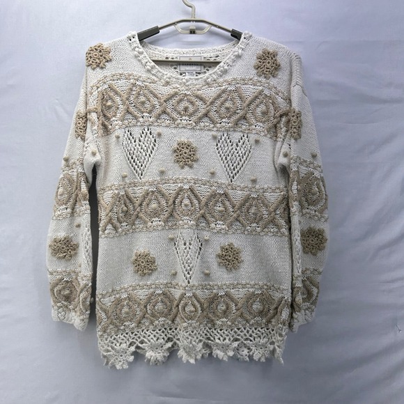 Vintage Express Sweater Medium 90s Pom Pom Knit Boho Crocheted Hand knit Warm - Picture 1 of 16